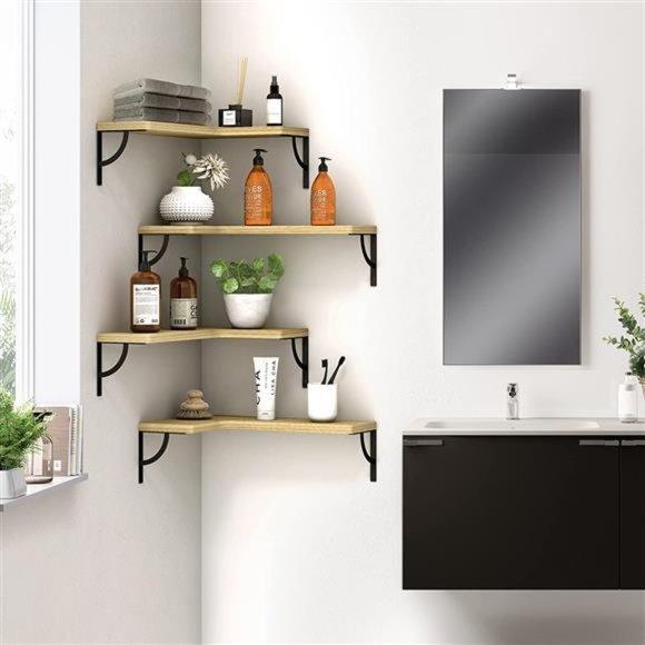 Canupdog Corner Floating Shelves Wall Mounted Set of 4, Wood Display Storage